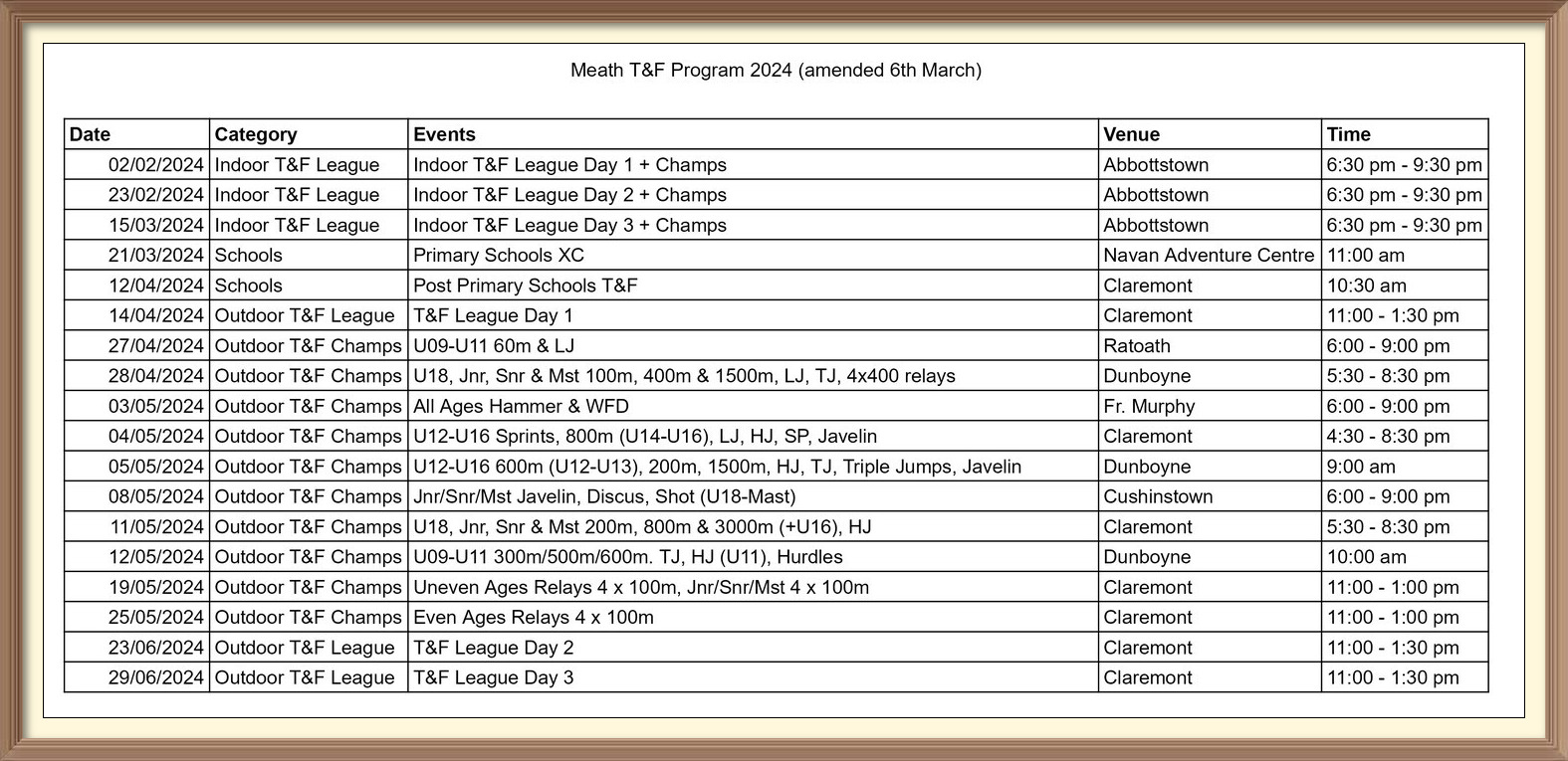 meath athletics fixtures